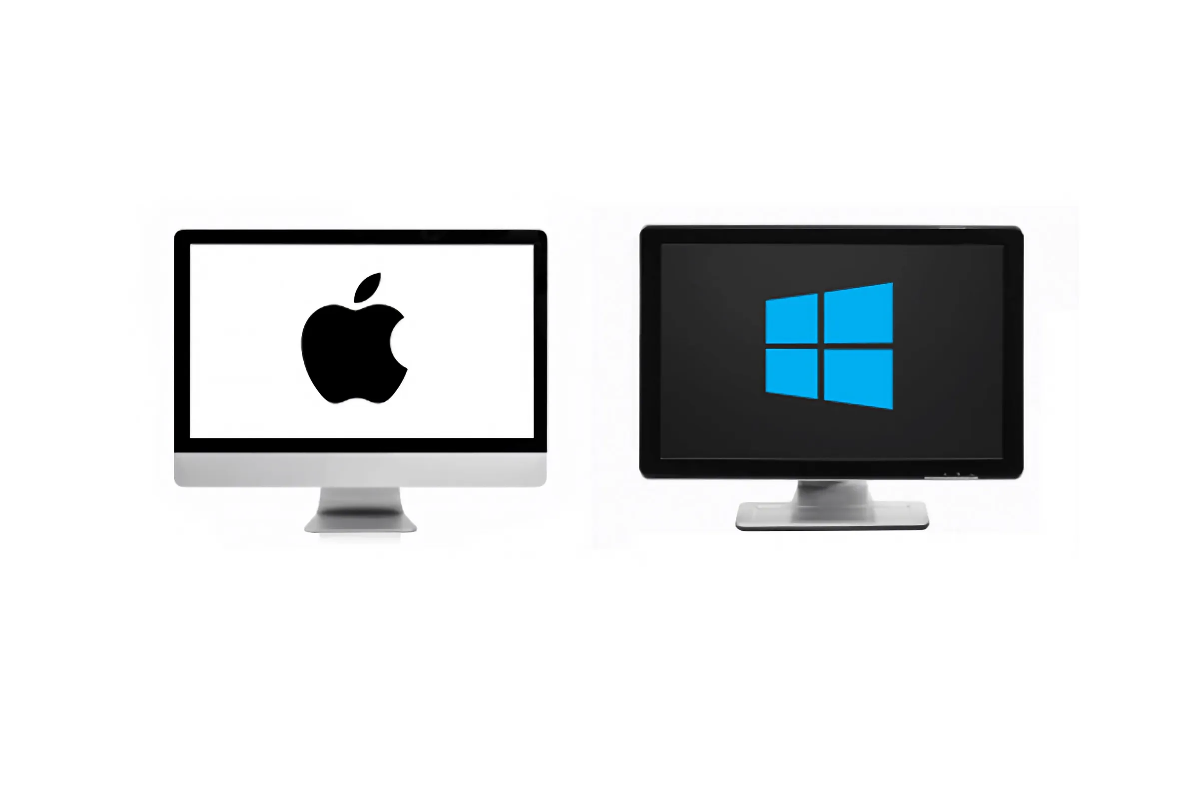 An Apple iMac computer sits next to a PC computer